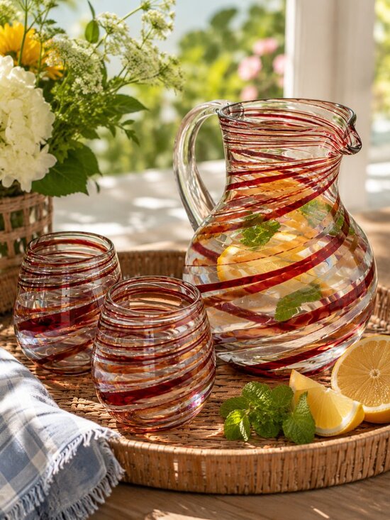 Other - Eco Friendly Handblown Recycled Glass Pitcher Set with 2 Tumblers Red Swirl